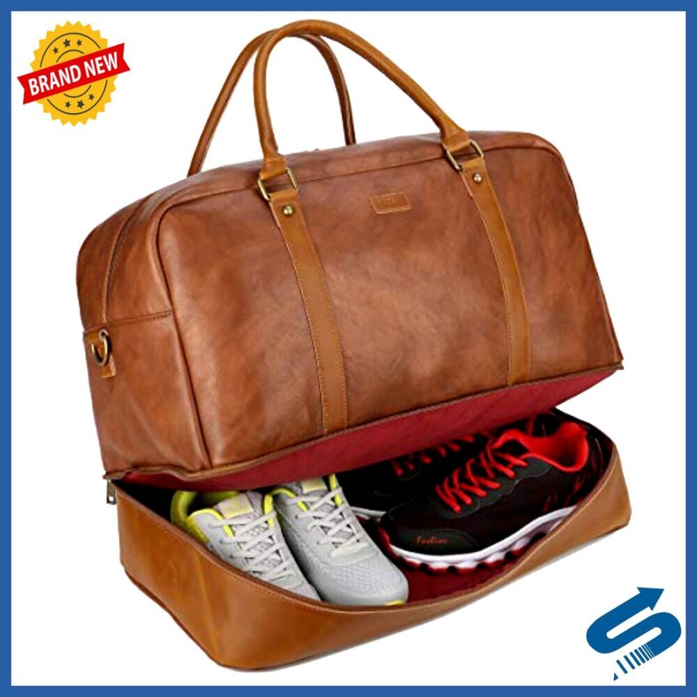 Large Vegan Leather Travel Duffel Tote with Shoe Compartment Carry-On Weekender - Picture 2 of 7